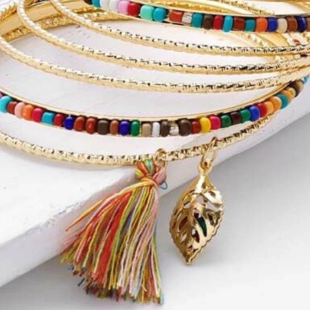Bangle Bracelet set with gold and beaded bracelets colorful stretchy tassel